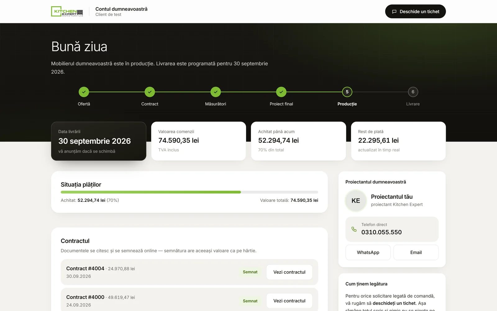 Pagina de client: stadiul comenzii, data livrării, valoarea și plățile